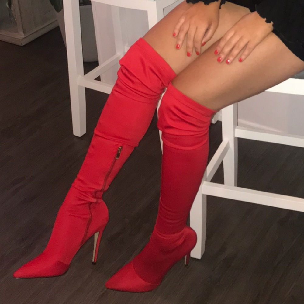 Thigh high red boots